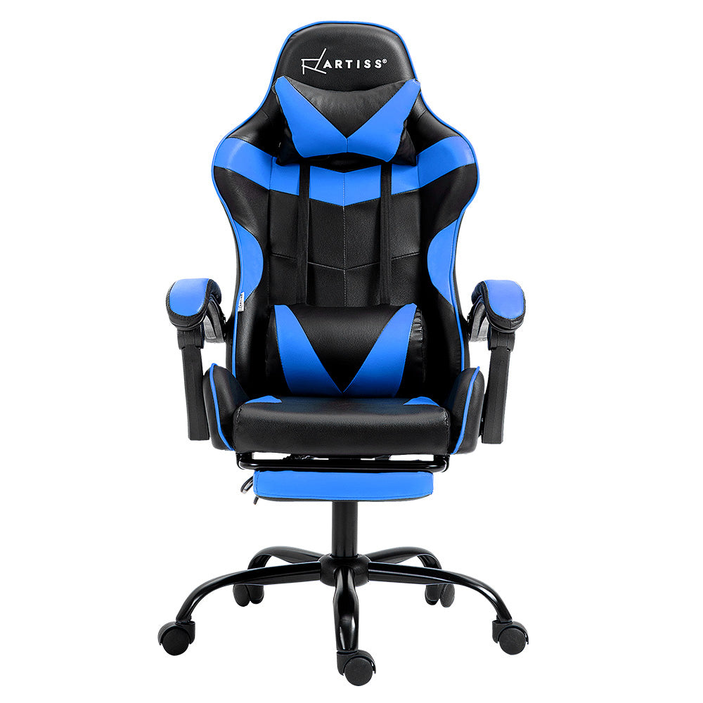 Blue and black gaming chair with ergonomic design, adjustable armrests, and wheeled base for comfort and mobility