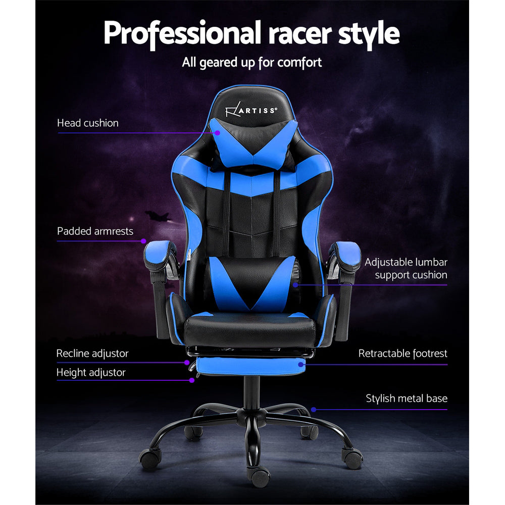 Blue and black gaming chair with adjustable lumbar support and retractable footrest