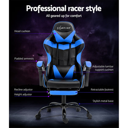 Blue and black gaming chair with adjustable lumbar support and retractable footrest