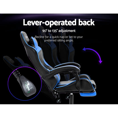 Gaming chair with lever-operated back, 90°-135° recline adjustment for comfort, black and blue design