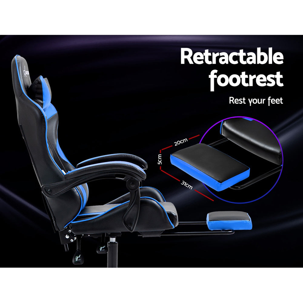 Black and blue gaming chair with retractable footrest, ergonomic design for comfort