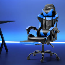 Blue and black gaming chair with footrest, ergonomic design for comfort