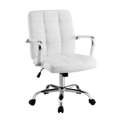 White quilted office chair with chrome base and armrests