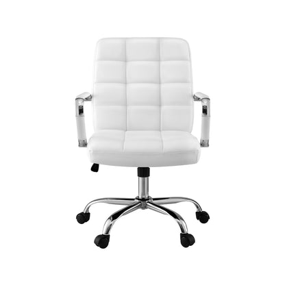 White quilted office chair with chrome base and casters, ergonomic design for home or office use