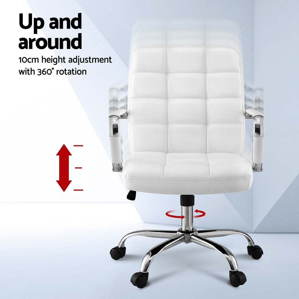 White office chair with 10cm height adjustment and 360° rotation, chrome base, and armrests
