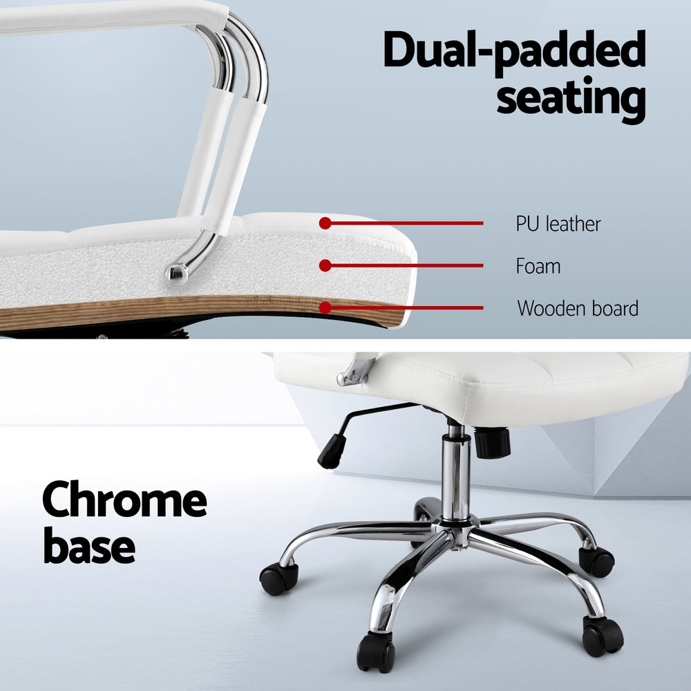White office chair with dual-padded PU leather seating, foam cushion, wooden board, and chrome base with casters