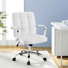 White tufted office chair with chrome base and armrests, ideal for home or office desk setup