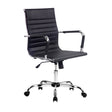 Black office chair with chrome base and wheels, ergonomic design for desk use