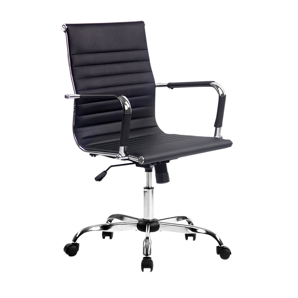 Black office chair with chrome base and wheels, ergonomic design for desk use