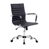 Black office chair with chrome base and wheels, ergonomic design for desk use