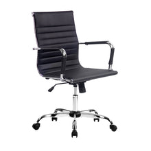 Black office chair with chrome base and wheels, ergonomic design for desk use