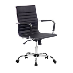 Black office chair with chrome base and wheels, ergonomic design for desk use