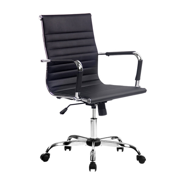 Black office chair with chrome base and wheels, ergonomic design for desk use