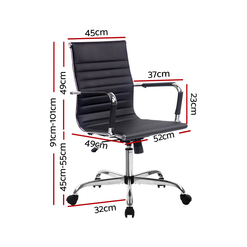 Black office chair with chrome base, adjustable height, armrests, and detailed dimensions for ergonomic desk use.