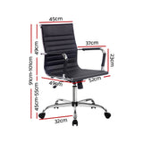 Black office chair with chrome base, adjustable height, armrests, and detailed dimensions for ergonomic desk use.