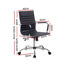 Black office chair with chrome base, adjustable height, armrests, and detailed dimensions for ergonomic desk use.