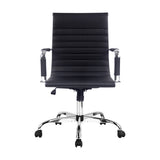 Black office chair with chrome base and armrests, ergonomic design for desk use