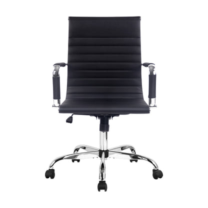 Black office chair with chrome base and armrests, ergonomic design for desk use