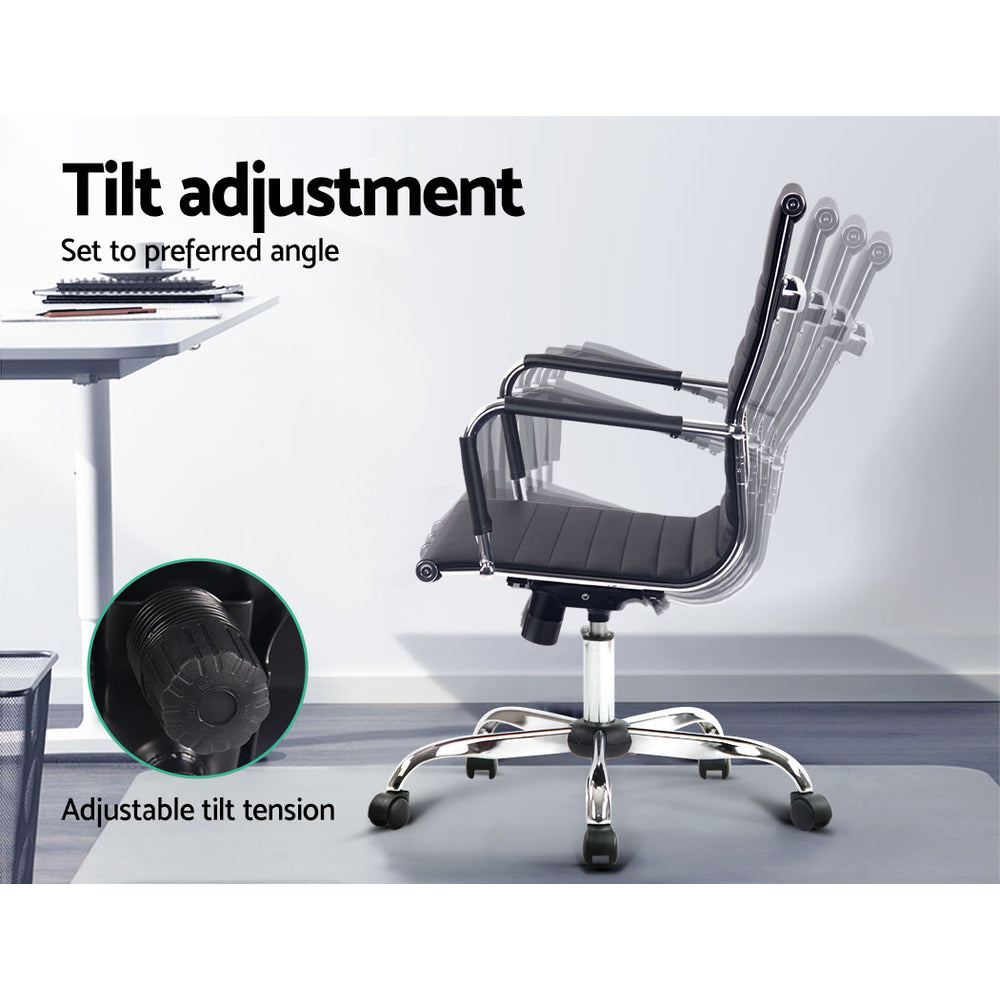 Black office chair with adjustable tilt tension and ergonomic design for comfortable seating
