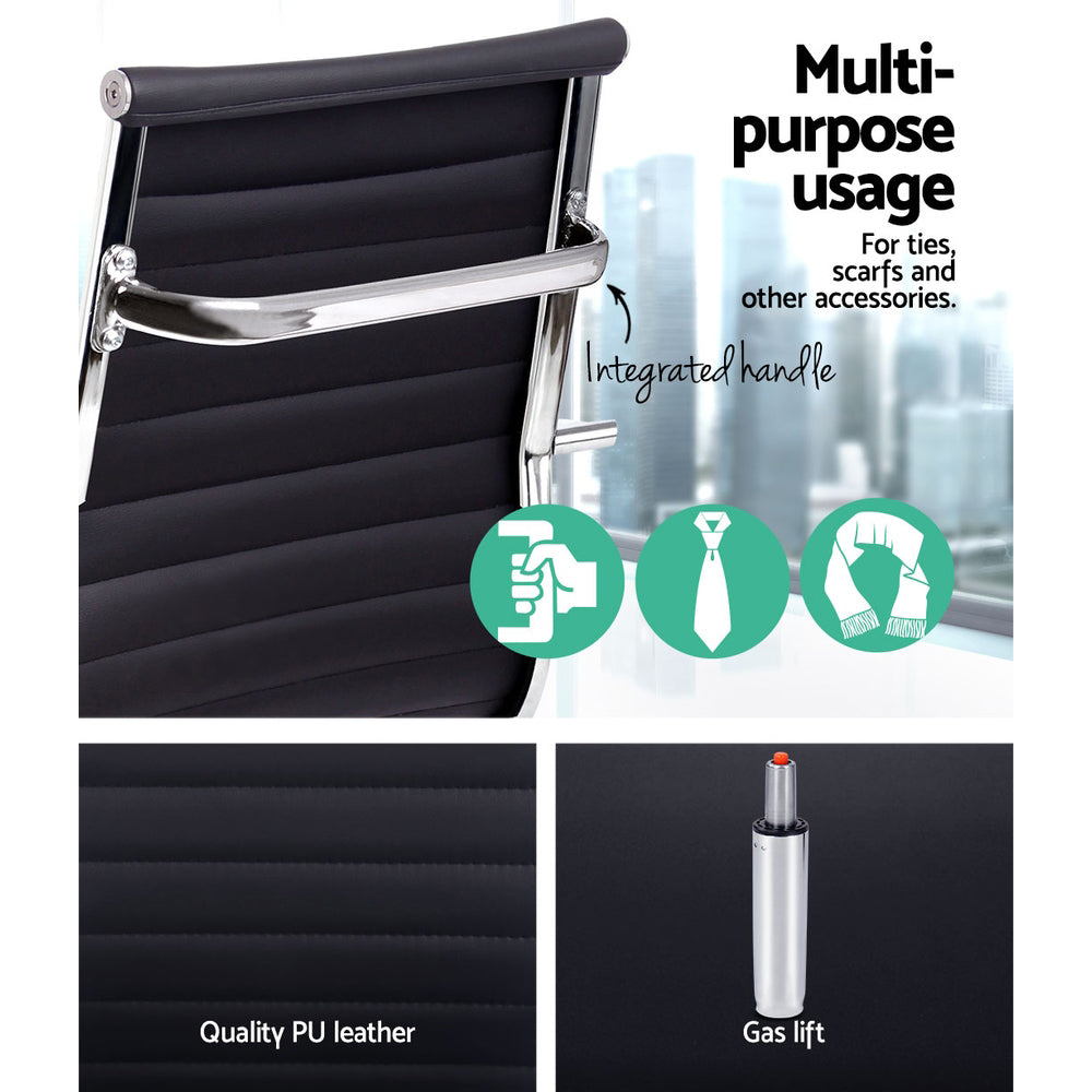 Black office chair with PU leather, gas lift, and integrated handle for ties & scarves