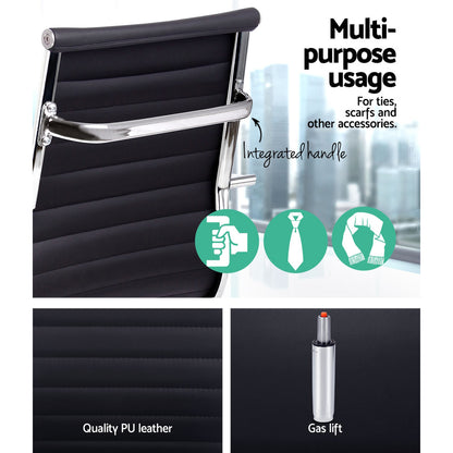 Black office chair with PU leather, gas lift, and integrated handle for ties & scarves