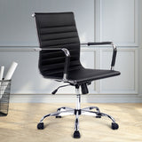 Black leather office chair with chrome base and armrests, ideal for home or office use
