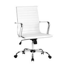 White office chair with chrome arms and base, adjustable height, rolling casters for desk use