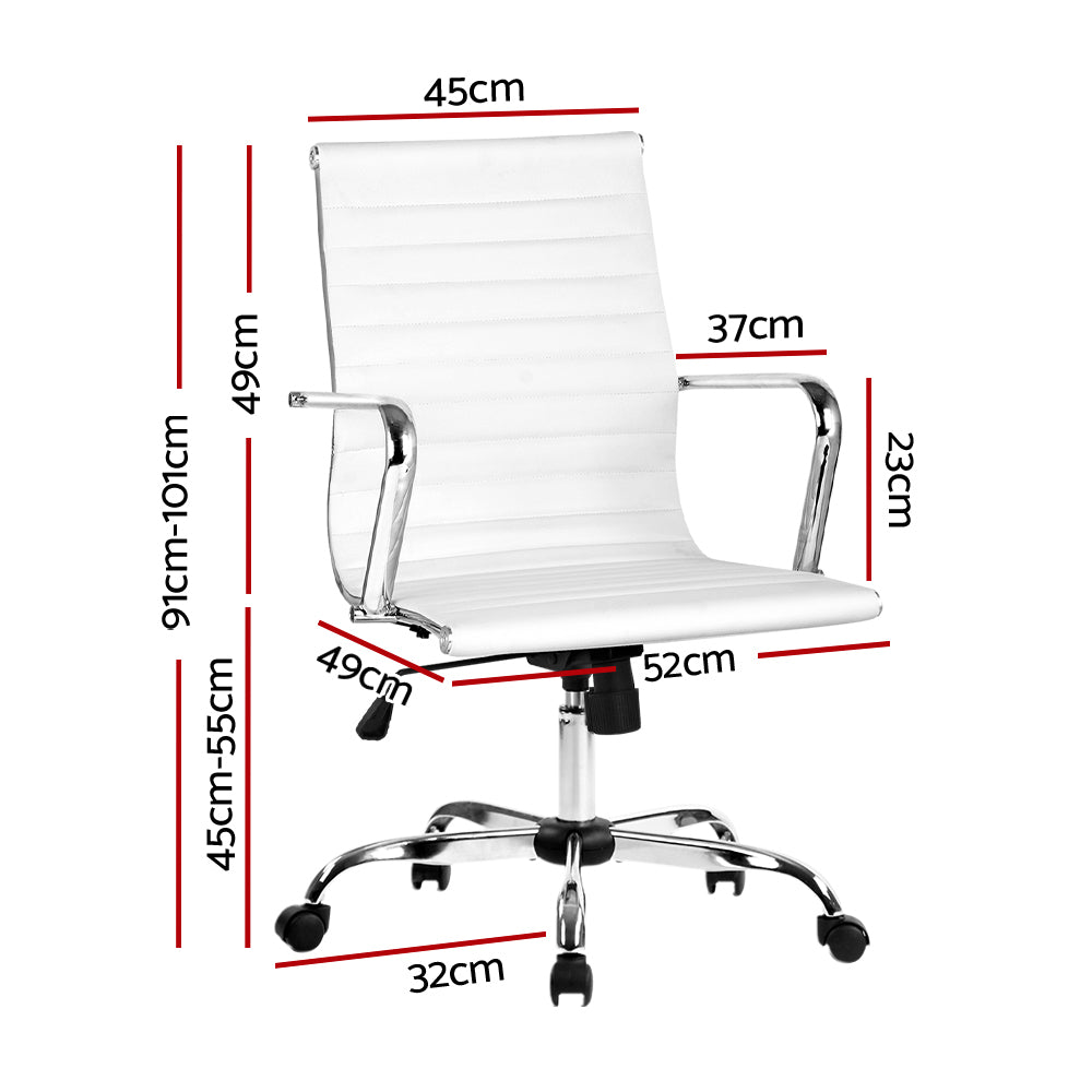 White office chair with chrome arms and base, adjustable height, dimensions shown for ergonomic fit