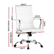 White office chair with chrome arms and base, adjustable height, dimensions shown for ergonomic fit