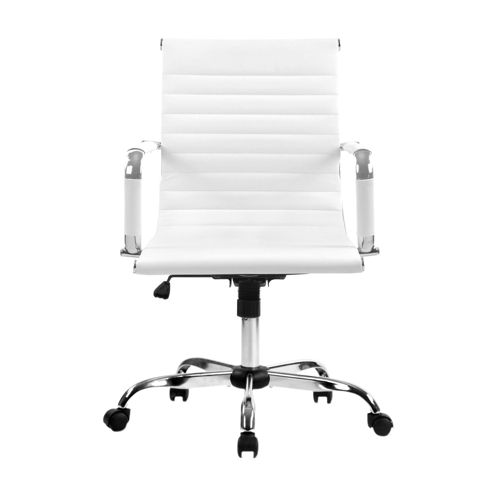 White office chair with chrome base and armrests, modern ergonomic design for home or workspace