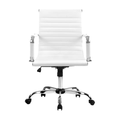 White office chair with chrome base and armrests, modern ergonomic design for home or workspace