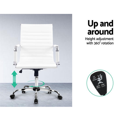 White office chair with height adjustment and 360° swivel, chrome base, ergonomic design