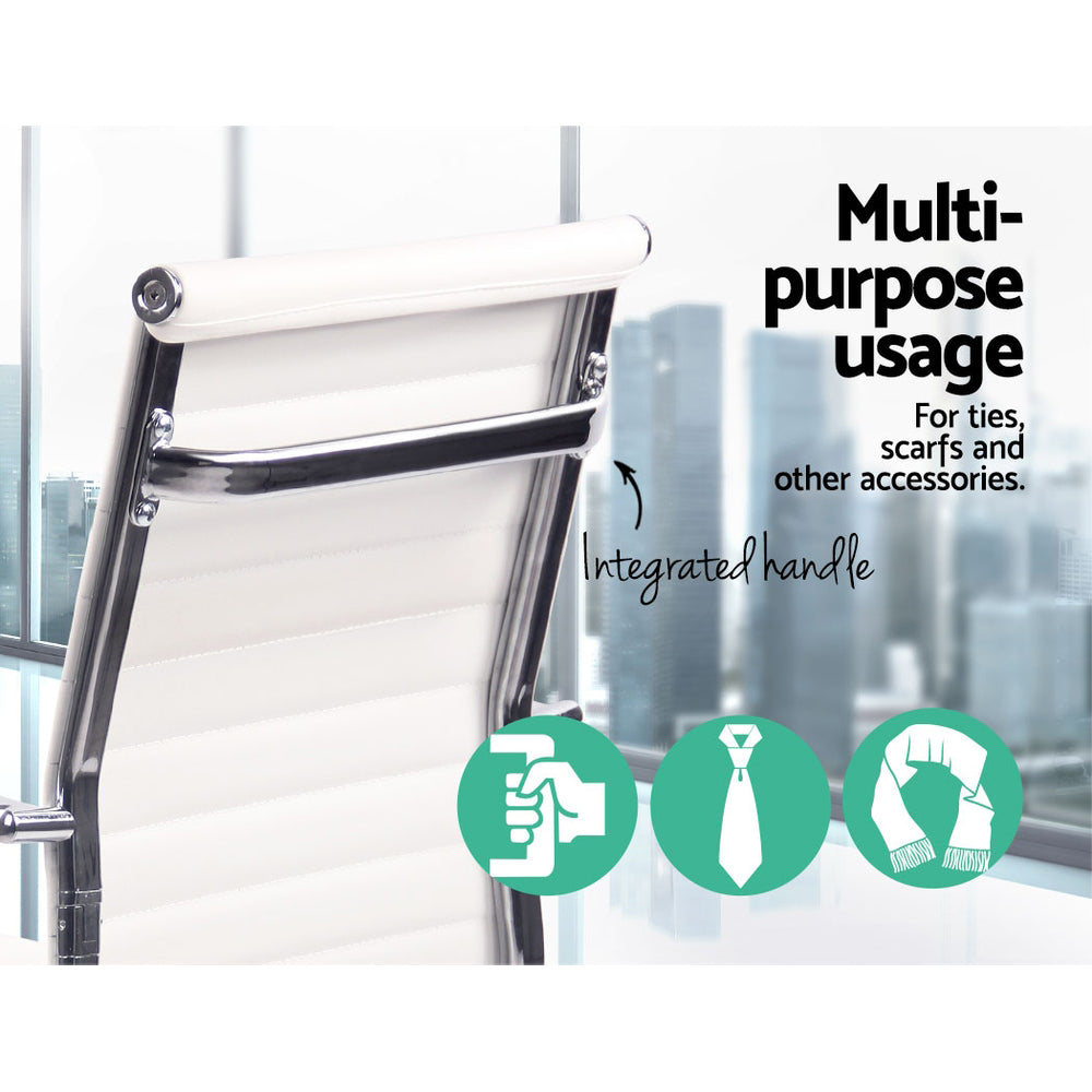 White office chair with integrated handle for ties, scarves, and accessories – multi-purpose usage