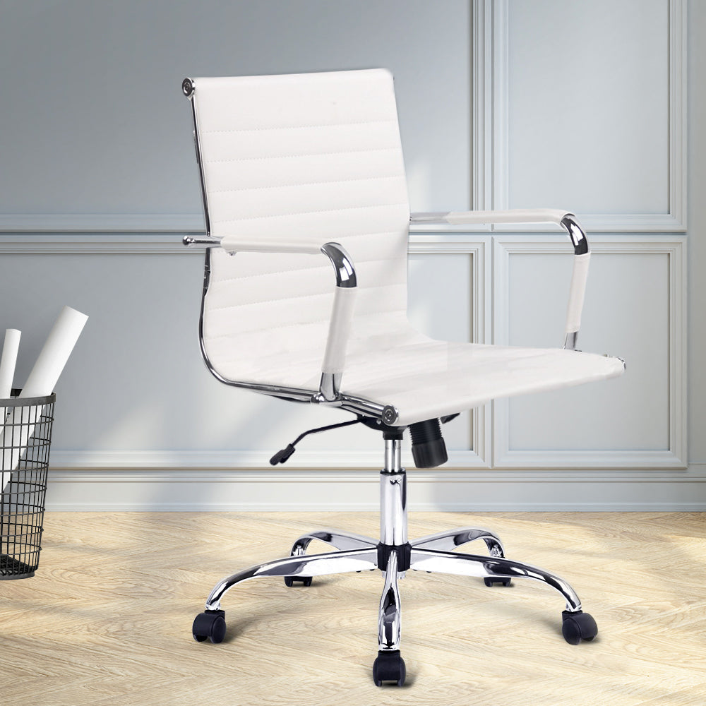 White office chair with chrome base and wheels, modern ergonomic design for home or work desk