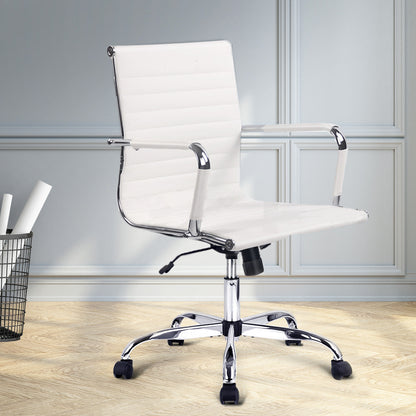 White office chair with chrome base and wheels, modern ergonomic design for home or work desk