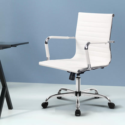 White office chair with chrome base and armrests, modern ergonomic design for desk use
