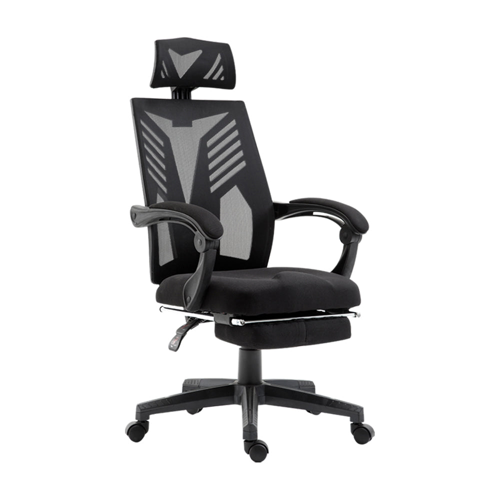 Black ergonomic office chair with mesh back, headrest, and adjustable armrests for comfort
