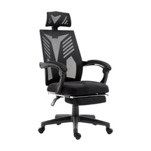Black ergonomic office chair with mesh back, headrest, and adjustable armrests for comfort