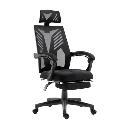 Black ergonomic office chair with mesh back, headrest, and adjustable armrests for comfort