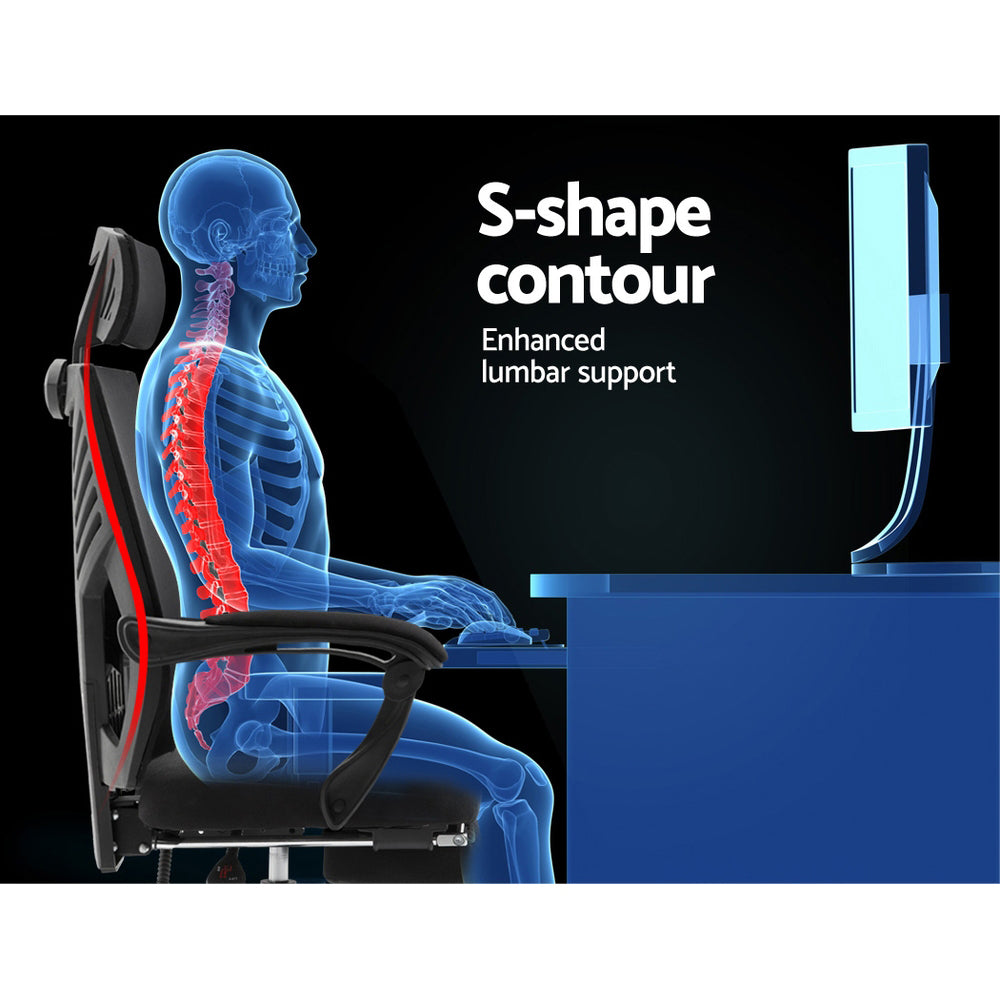 Ergonomic office chair with S-shape contour for enhanced lumbar support, shown with skeleton alignment
