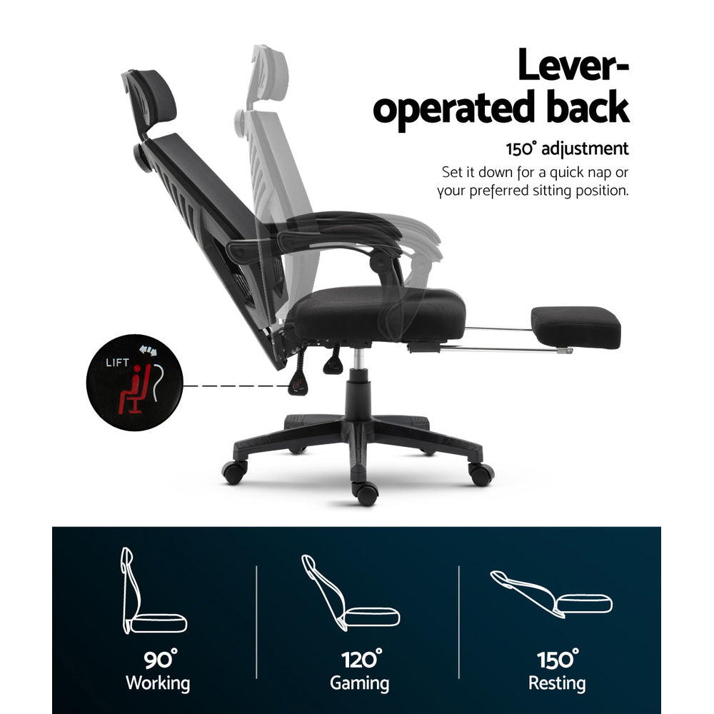 Adjustable office chair with 150° lever-operated recline, footrest, and ergonomic design for working, gaming, or resting.