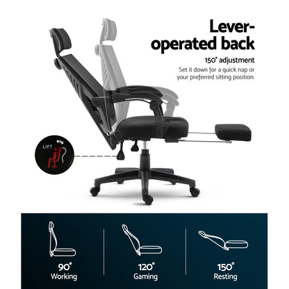 Adjustable office chair with 150° lever-operated recline, footrest, and ergonomic design for working, gaming, or resting.