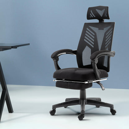 Black ergonomic office chair with mesh back, headrest, and adjustable arms for home or workspace comfort