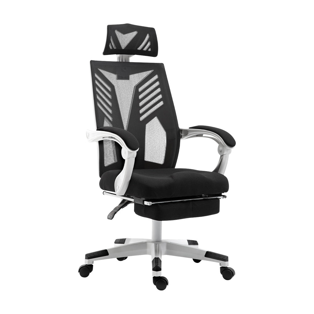 Black ergonomic office chair with mesh back, headrest, and lumbar support for comfortable desk work