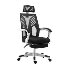 Black ergonomic office chair with mesh back, headrest, and lumbar support for comfortable desk work