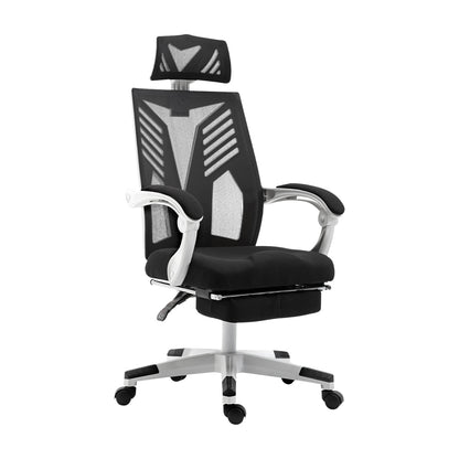 Black ergonomic office chair with mesh back, headrest, and lumbar support for comfortable desk work