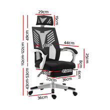 Black mesh office chair with headrest, armrests, and dimensions shown for ergonomic desk use