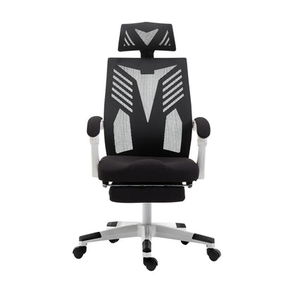 Black ergonomic office chair with mesh back, headrest, and lumbar support for comfortable desk work