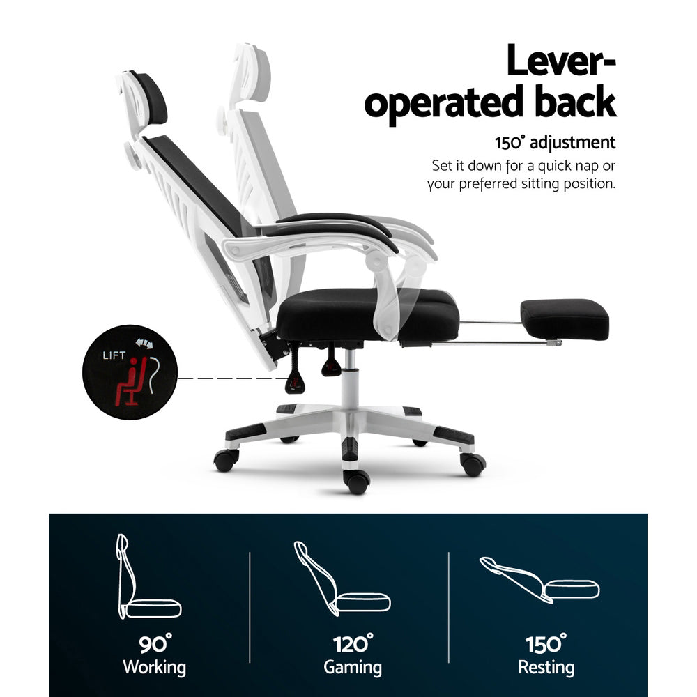 Ergonomic office chair with lever-operated 150° adjustable back for working, gaming, or resting