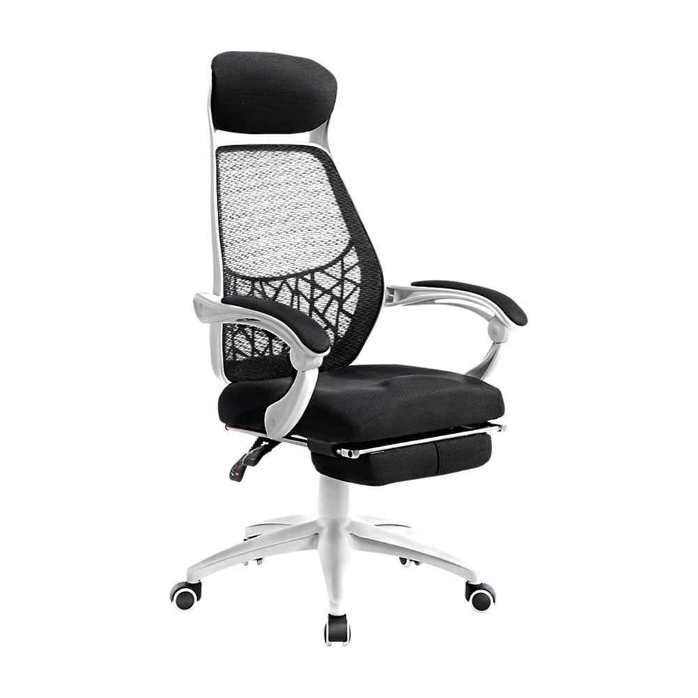 Black mesh office chair with headrest, lumbar support, and white base for ergonomic comfort